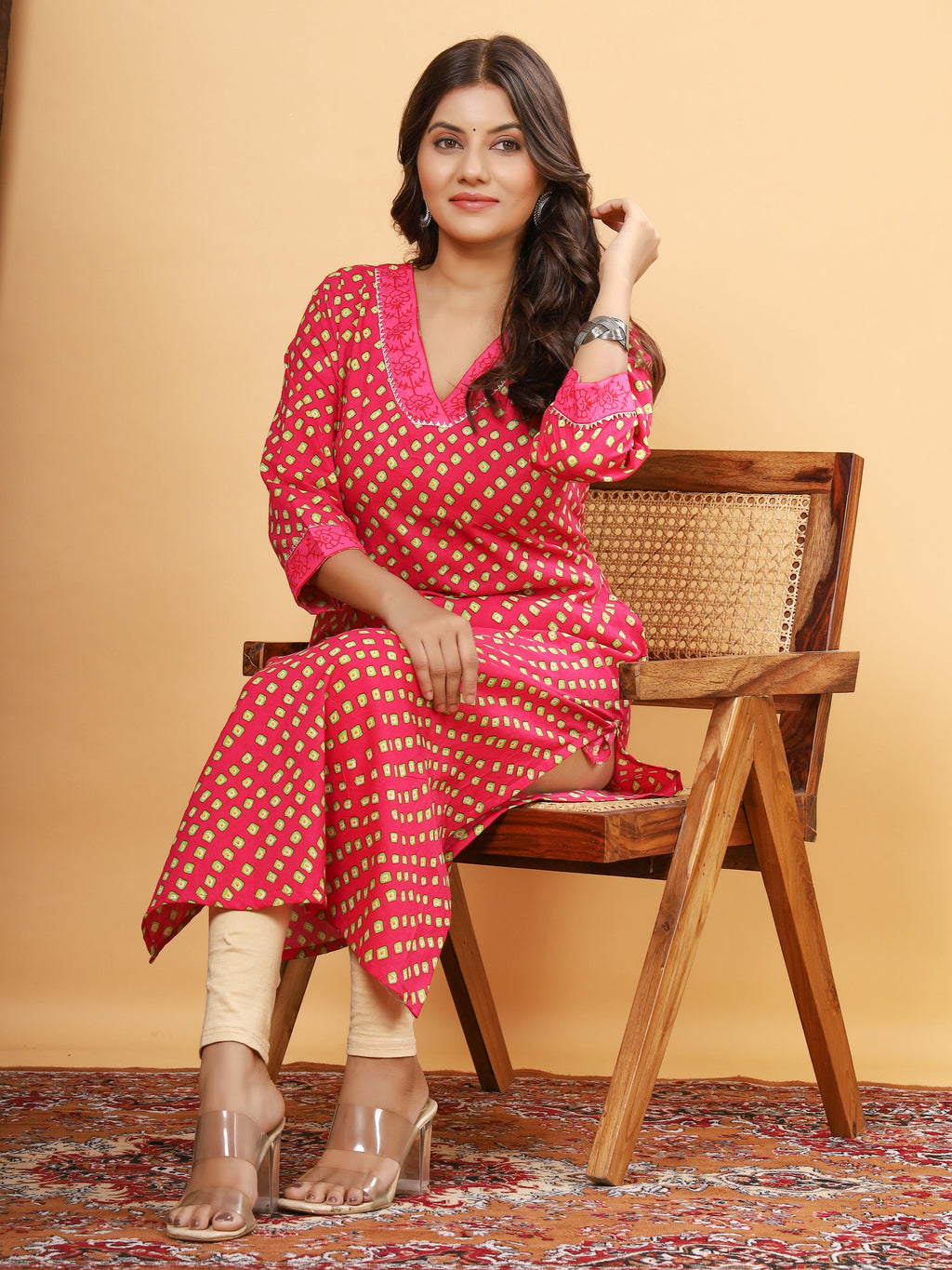 Sanganeri Bhandej Box Print Pink Cotton Kurti