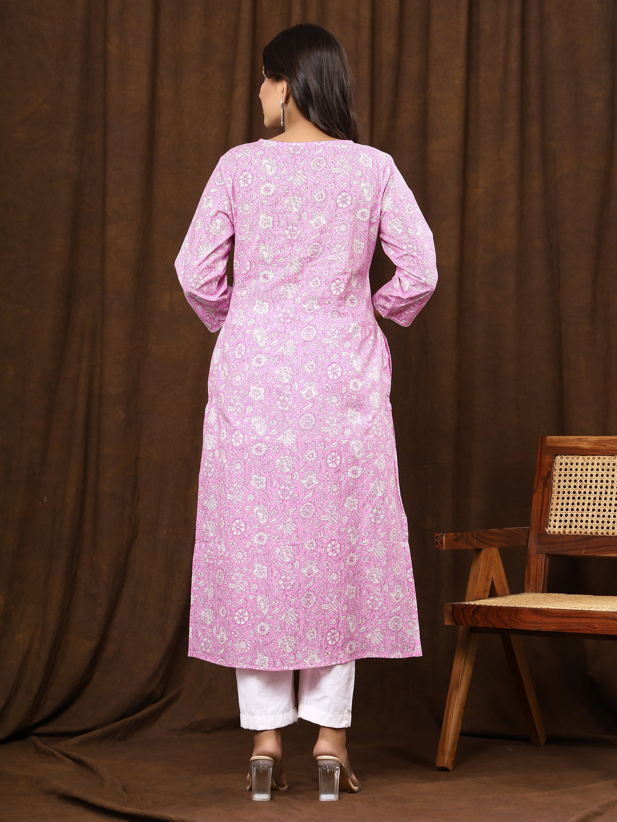 Sanganeri Floral Print Pink Cotton Kurti