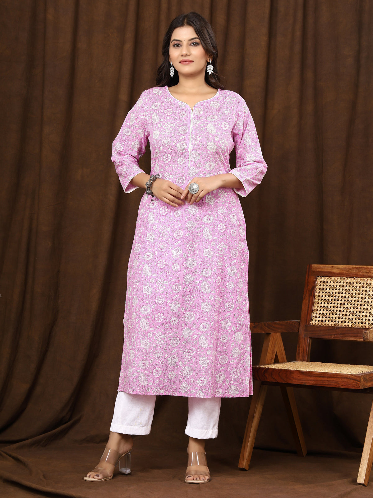 Sanganeri Floral Print Pink Cotton Kurti
