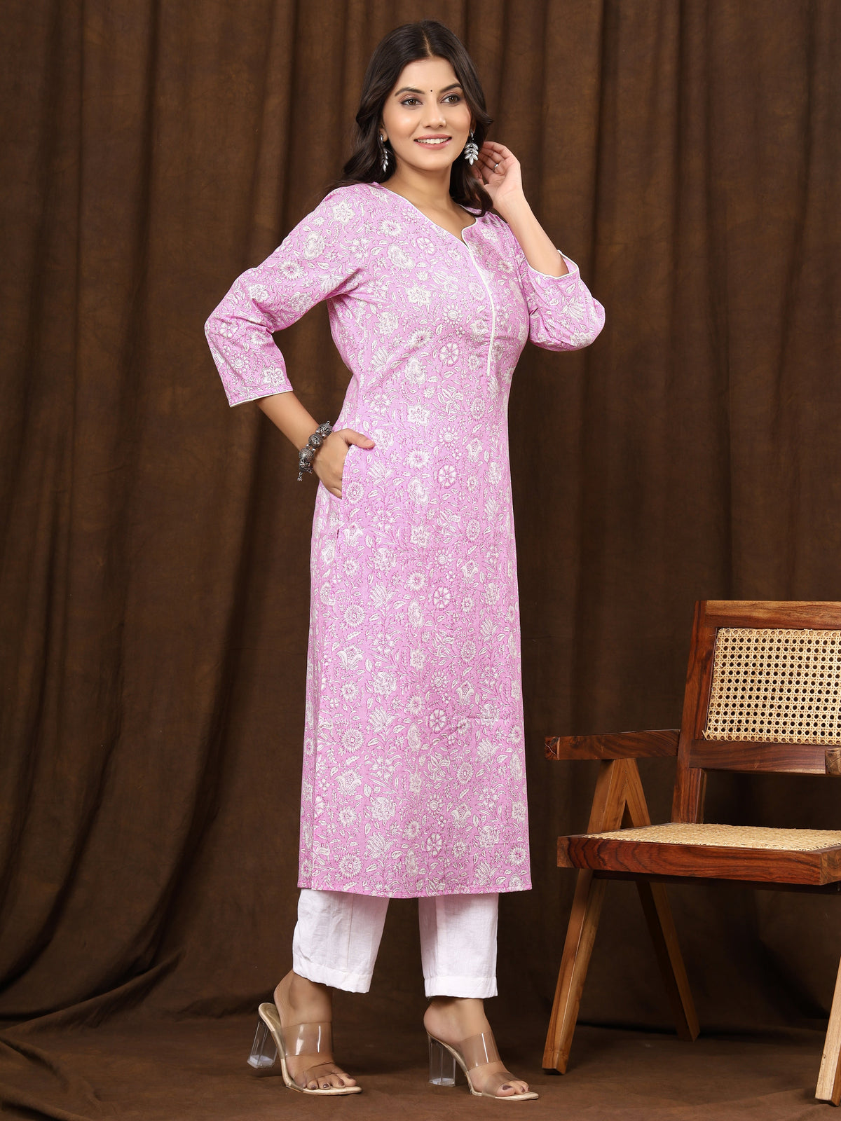 Sanganeri Floral Print Pink Cotton Kurti