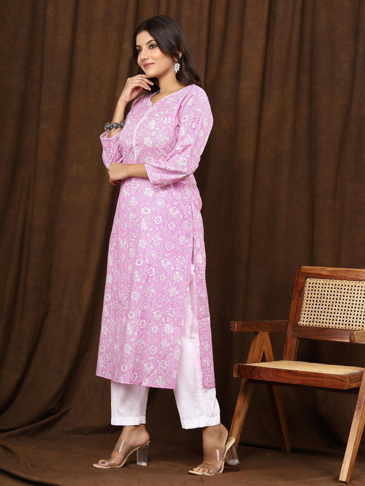 Sanganeri Floral Print Pink Cotton Kurti