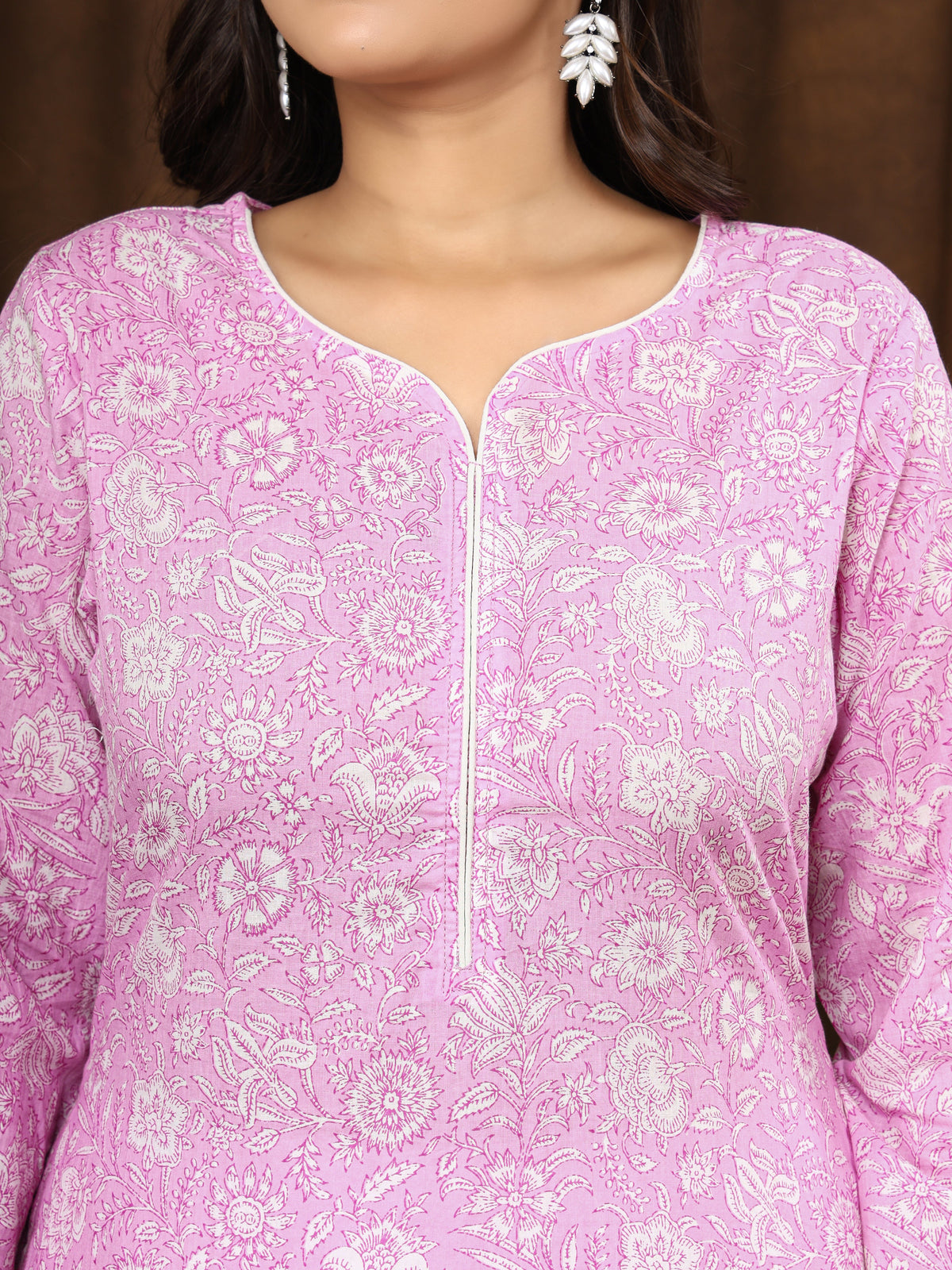 Sanganeri Floral Print Pink Cotton Kurti