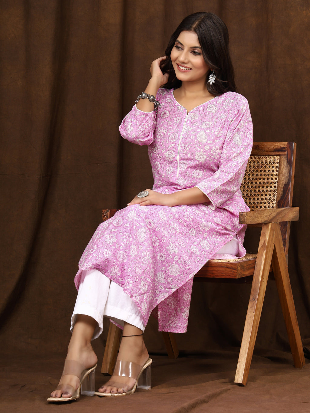 Sanganeri Floral Print Pink Cotton Kurti