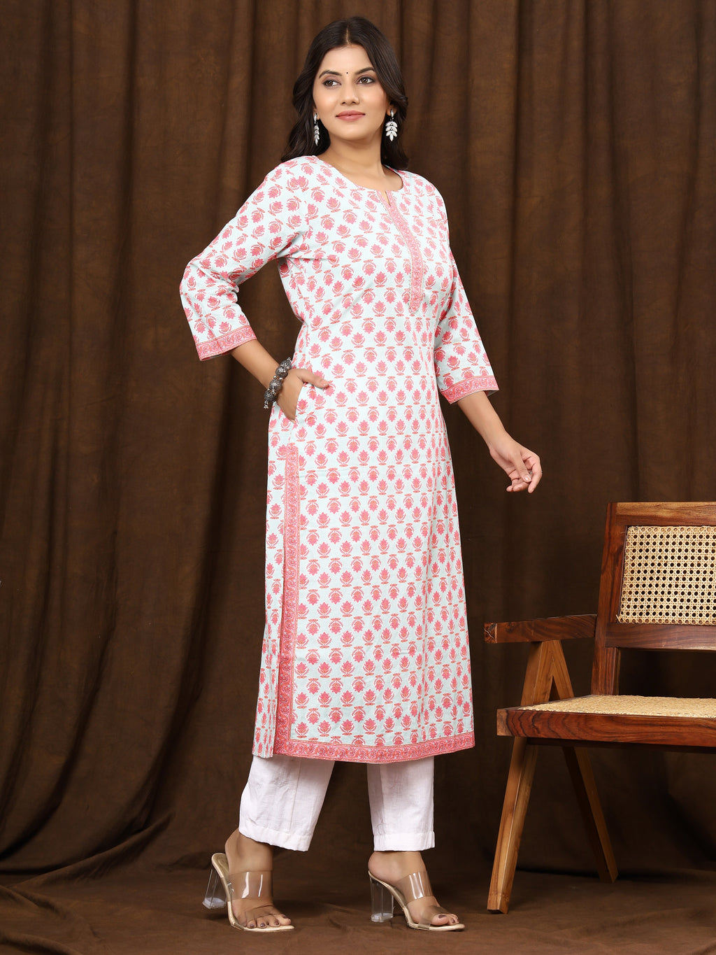 Sanganeri Buti Print Light Blue Cotton Kurti