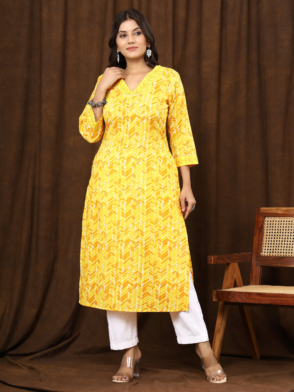 Sanganeri Zig Zag Print Yellow Cotton Kurti