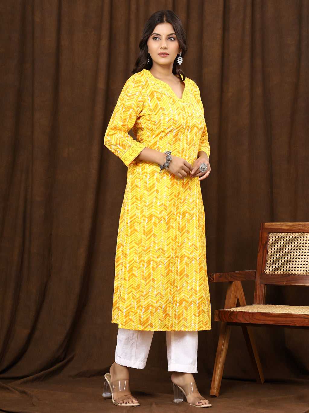 Sanganeri Zig Zag Print Yellow Cotton Kurti