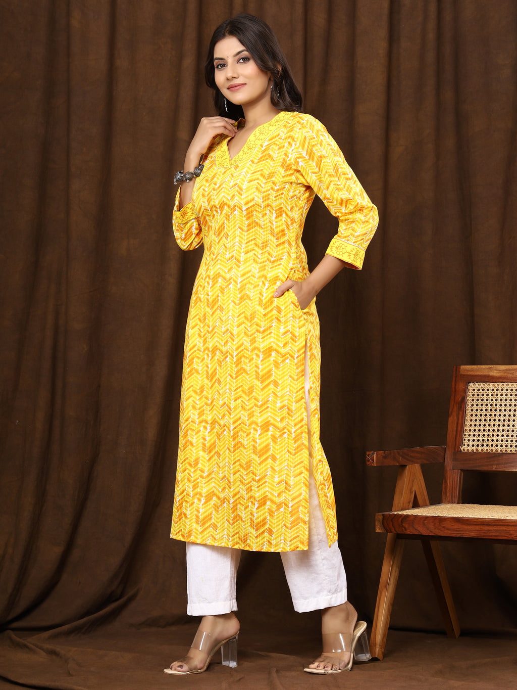 Sanganeri Zig Zag Print Yellow Cotton Kurti