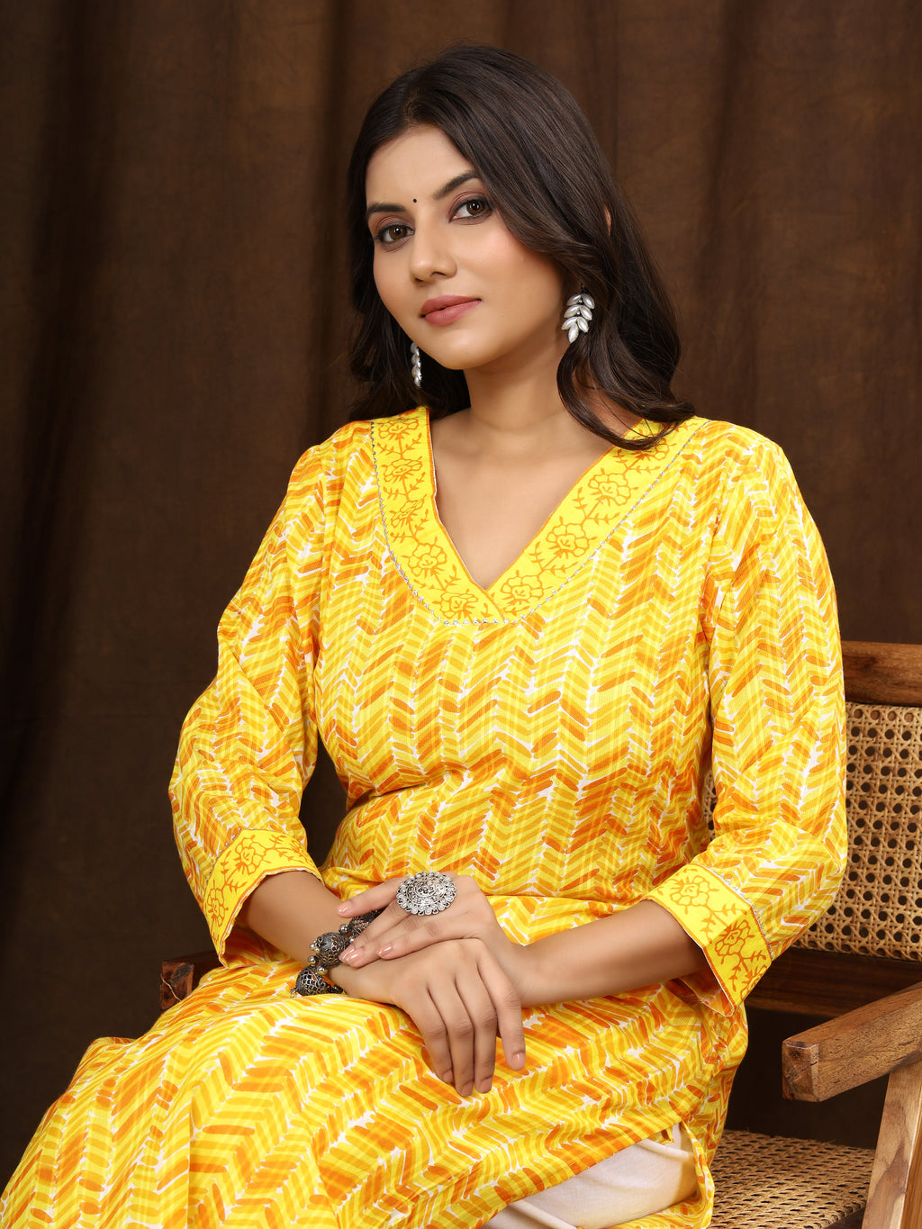 Sanganeri Zig Zag Print Yellow Cotton Kurti