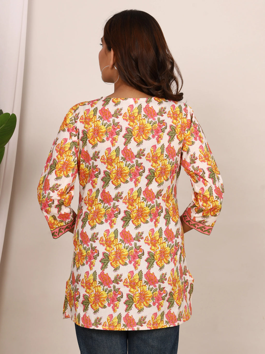 Sanganeri White & Yellow Floral Print Pure Cotton Top