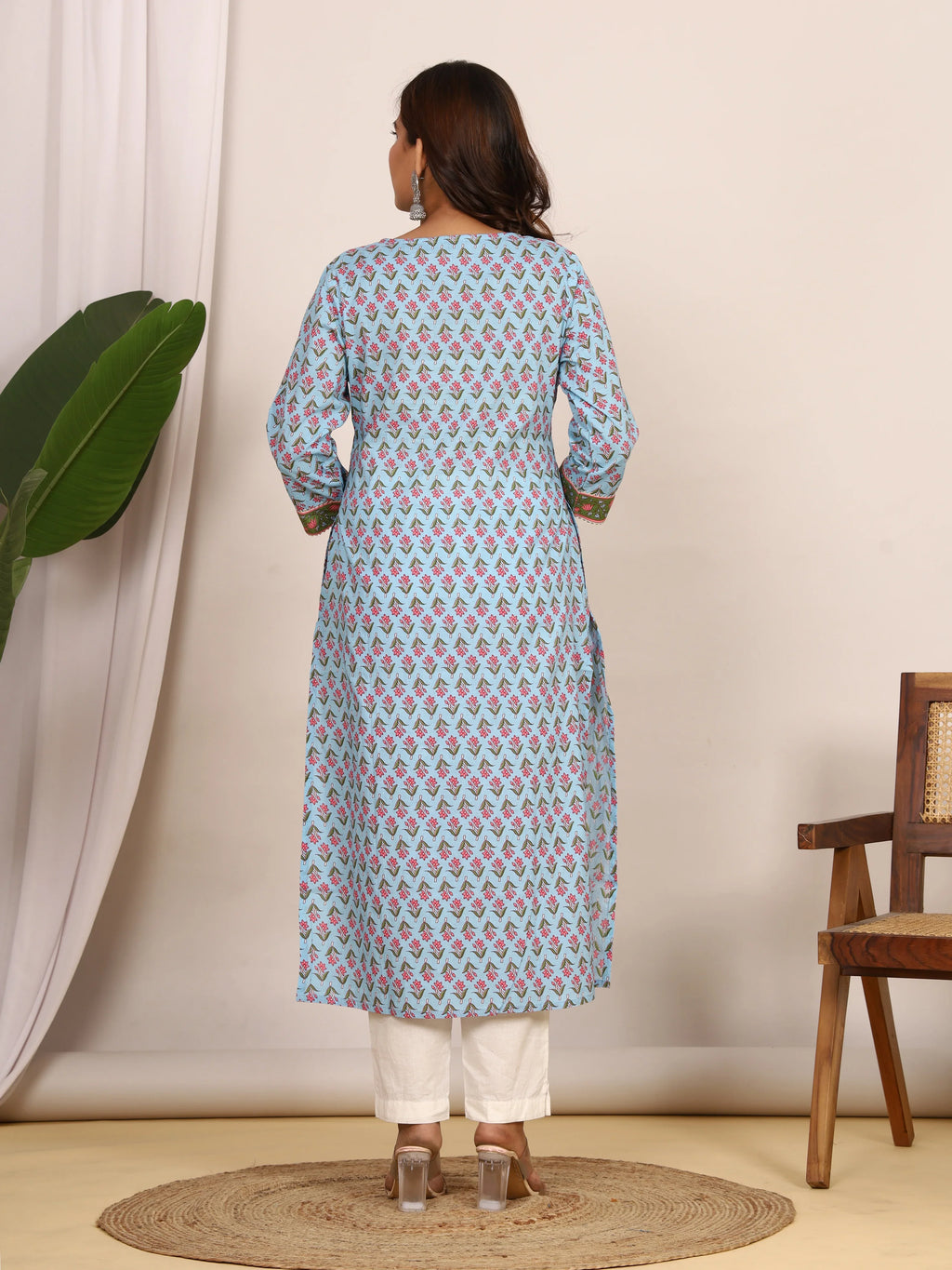 Sanganeri Pink Floral Print Light Blue Cotton Kurti