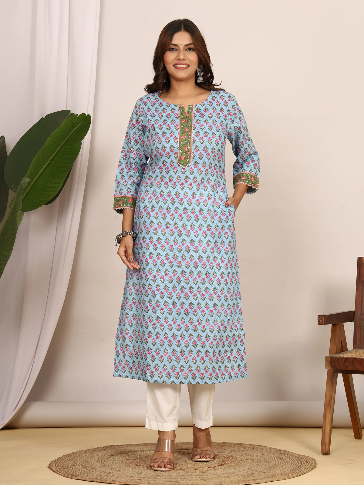Sanganeri Pink Floral Print Light Blue Cotton Kurti