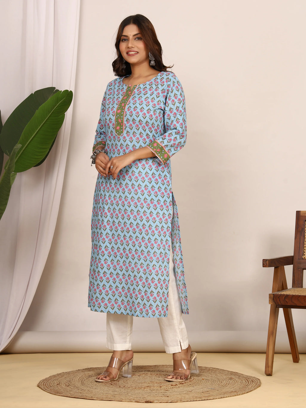 Sanganeri Pink Floral Print Light Blue Cotton Kurti