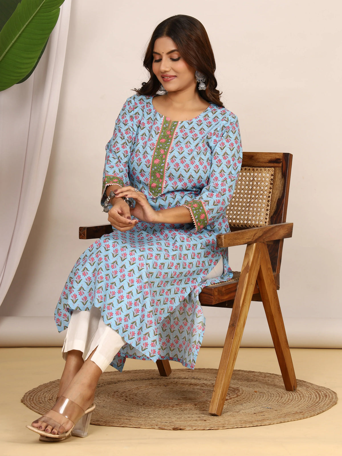 Sanganeri Pink Floral Print Light Blue Cotton Kurti