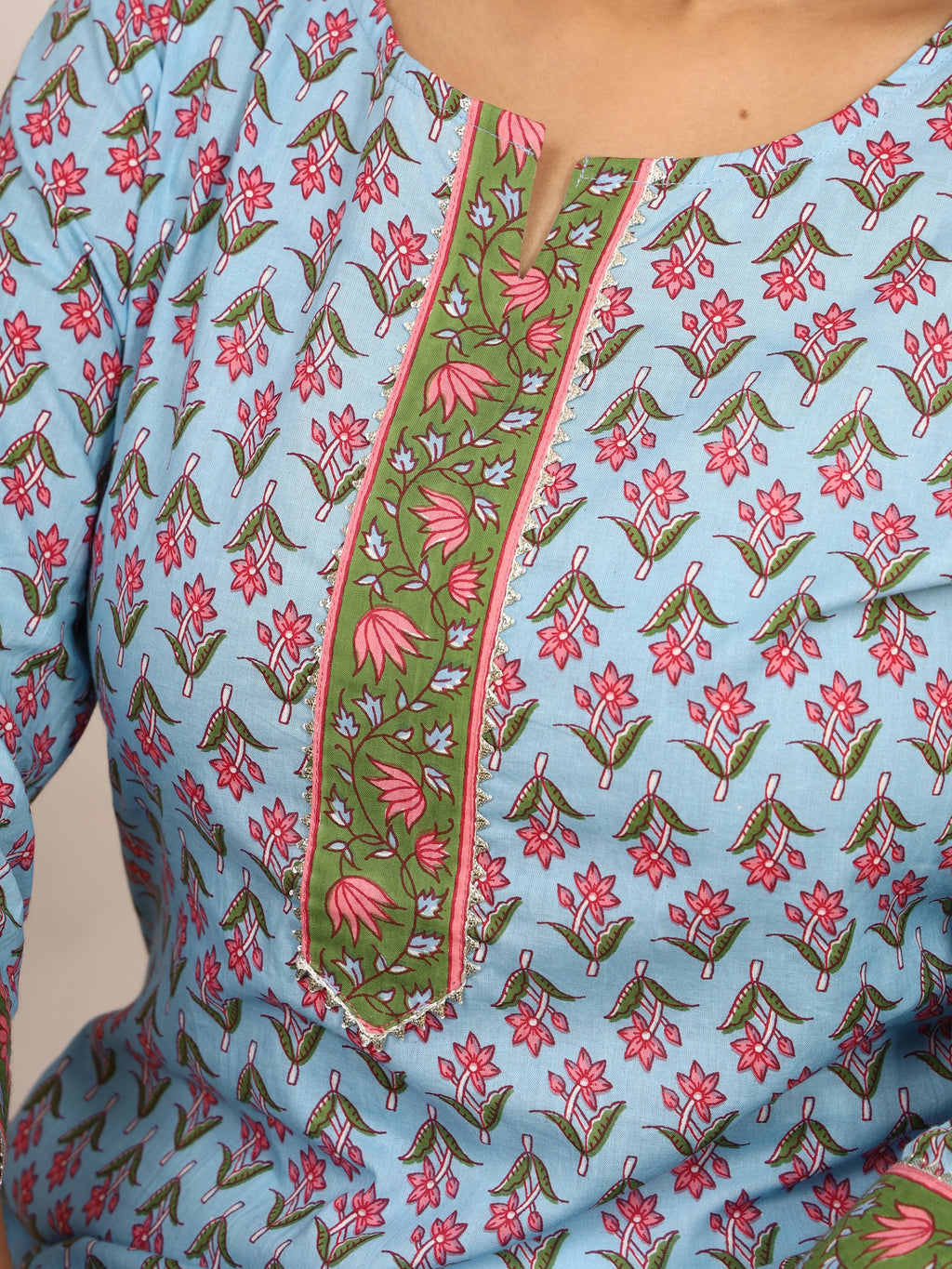 Sanganeri Pink Floral Print Light Blue Cotton Kurti