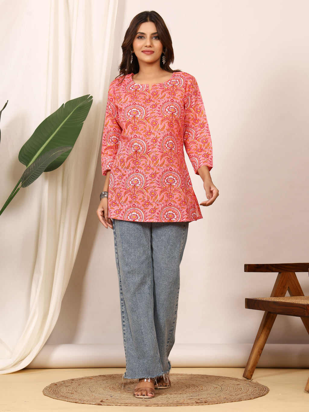 Pink & White Floral Mughal Block Print Pure Cotton Top