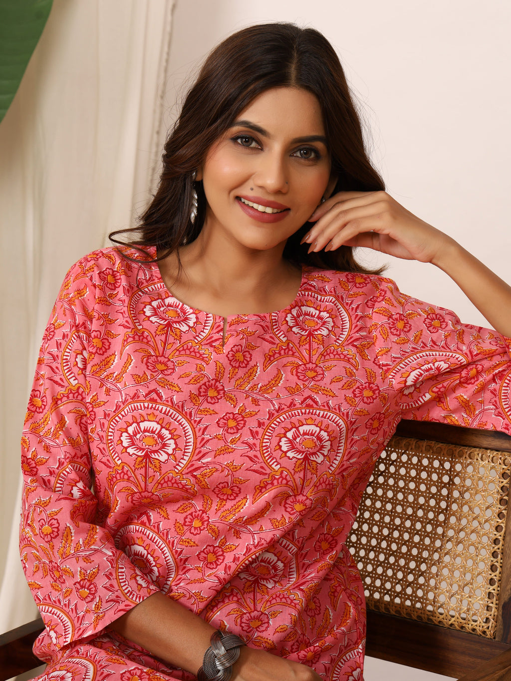 Pink & White Floral Mughal Block Print Pure Cotton Top