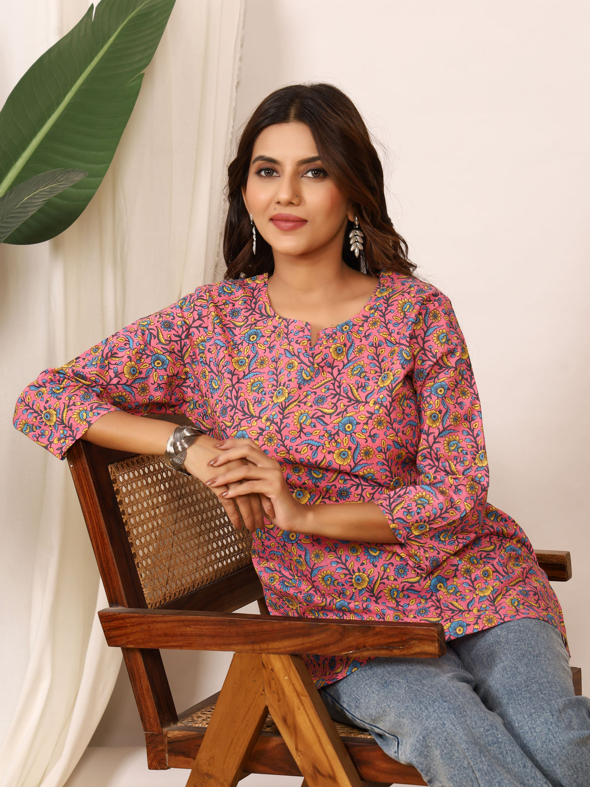 Pink & Blue Floral Block Print Pure Cotton Top