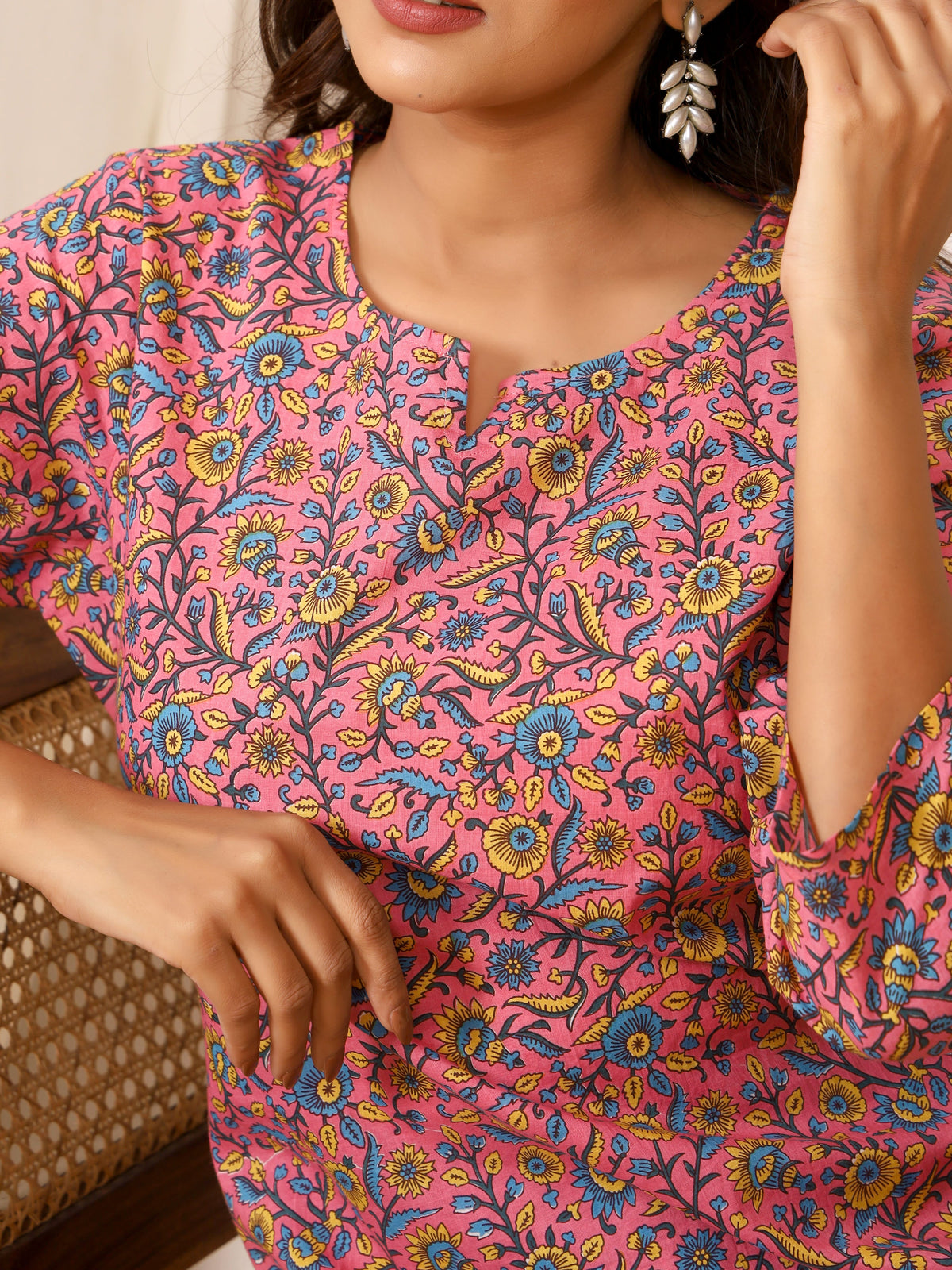 Pink & Blue Floral Block Print Pure Cotton Top