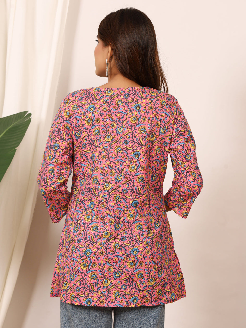 Pink & Blue Floral Block Print Pure Cotton Top