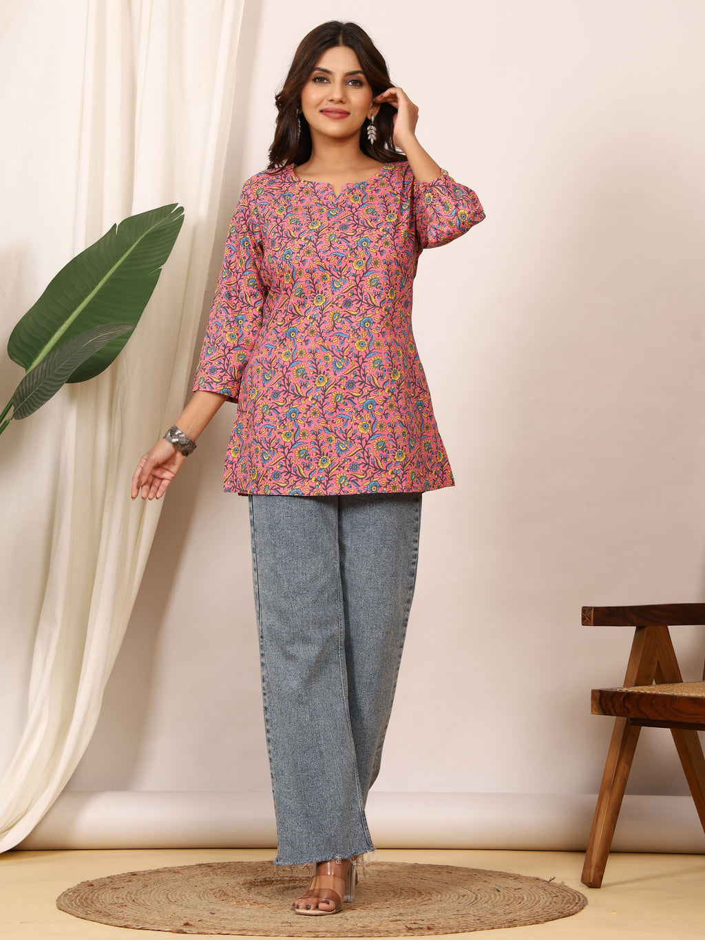 Pink & Blue Floral Block Print Pure Cotton Top