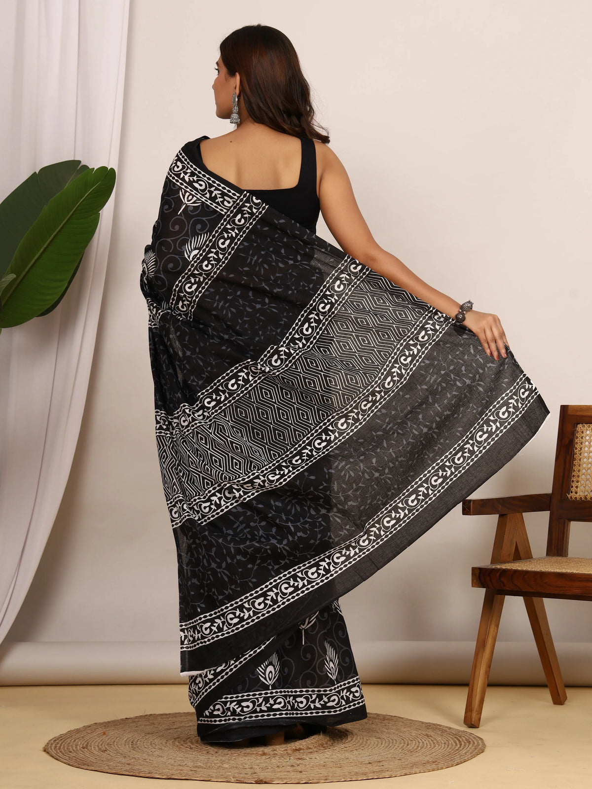 Pure Cotton Black and White Saree with Traditional Peacock Sanganeri Print