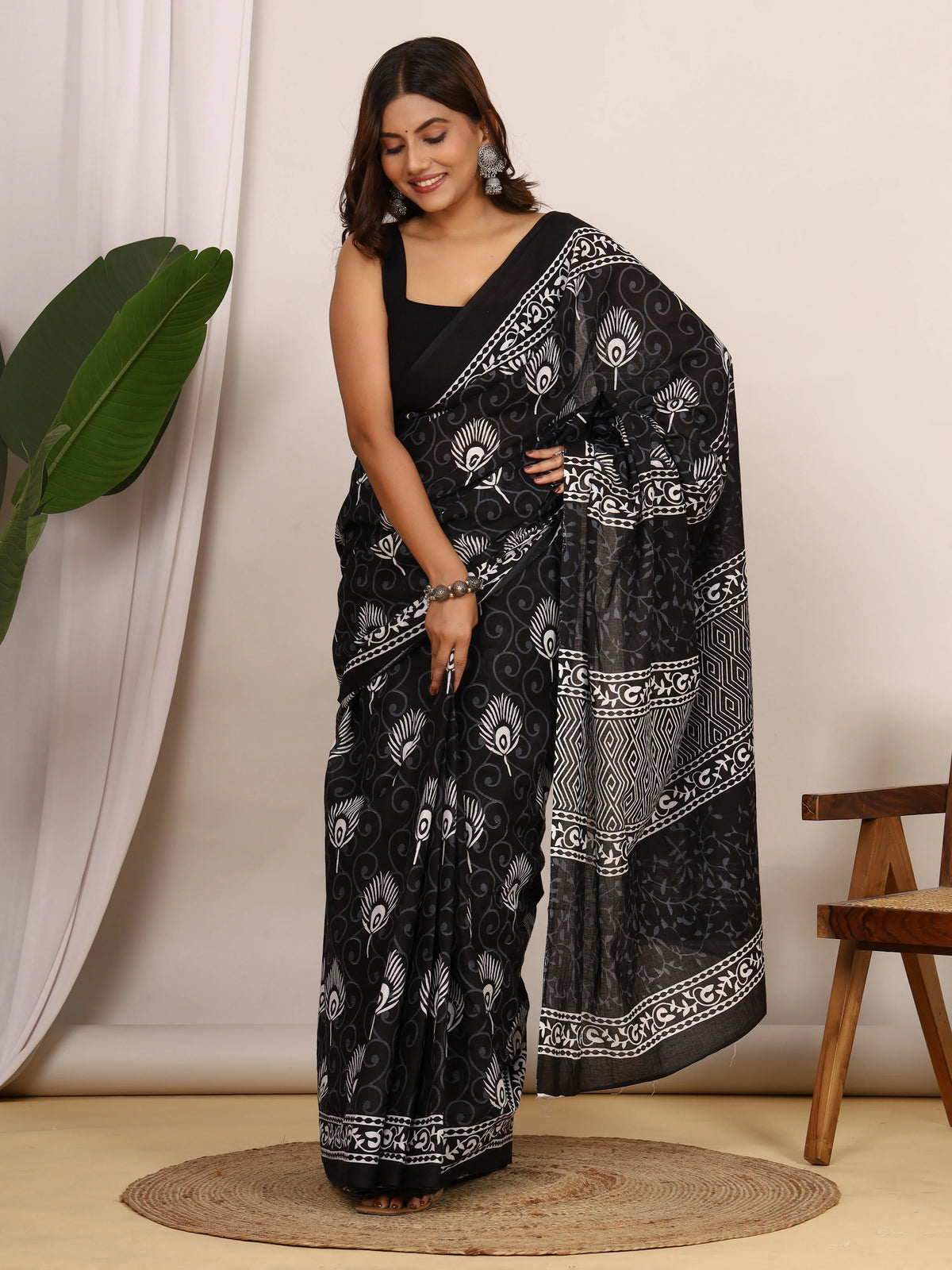 Pure Cotton Black and White Saree with Traditional Peacock Sanganeri Print