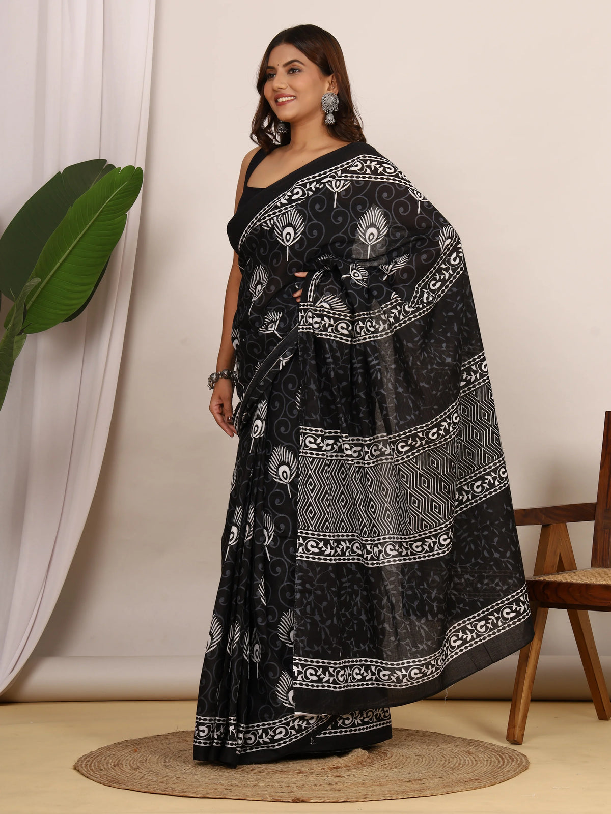 Pure Cotton Black and White Saree with Traditional Peacock Sanganeri Print