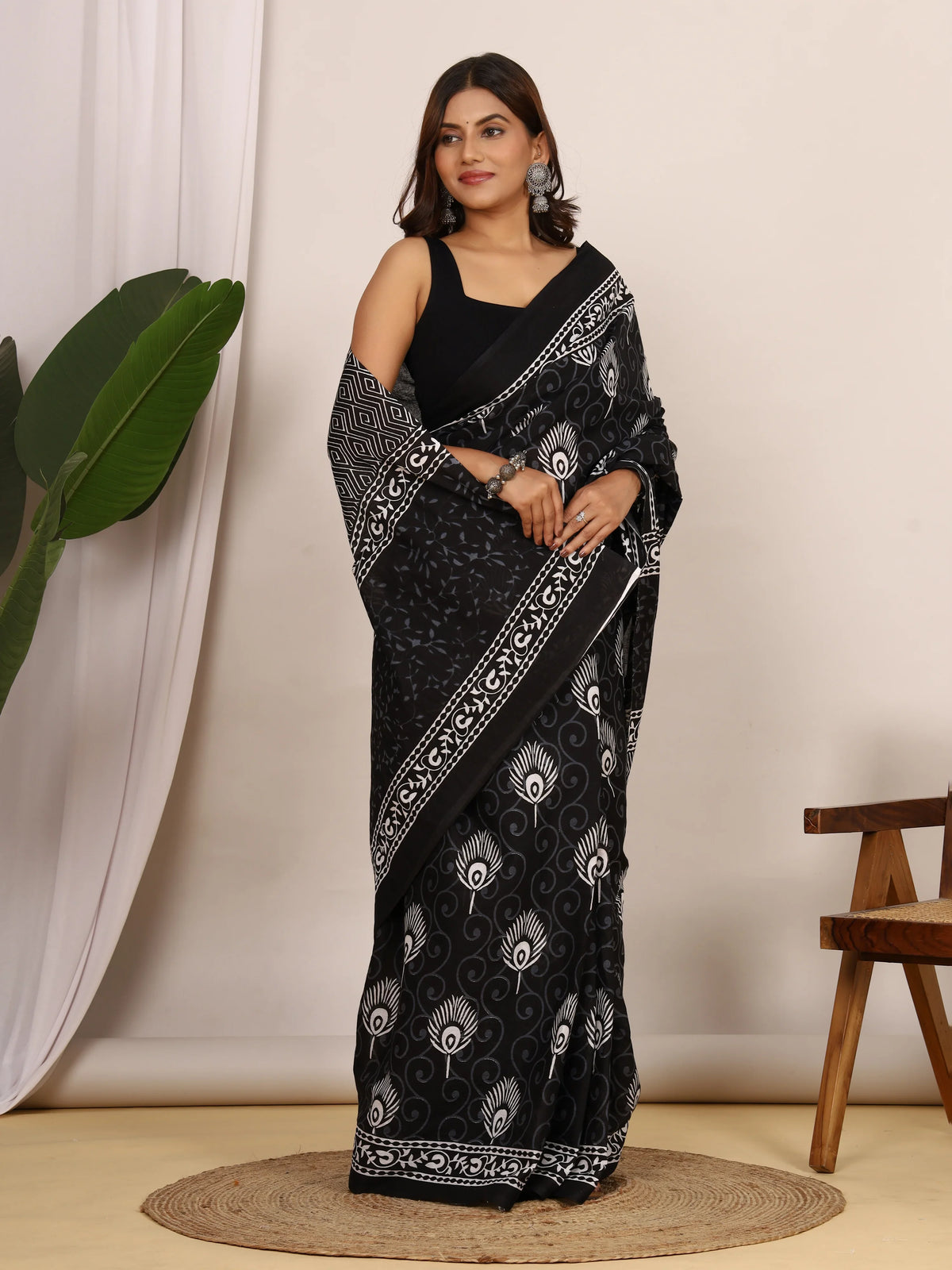 Pure Cotton Black and White Saree with Traditional Peacock Sanganeri Print