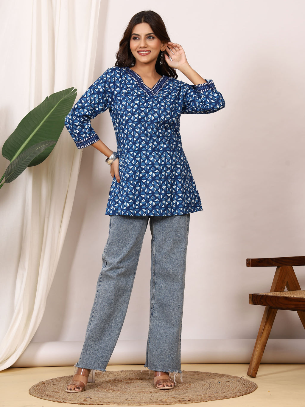 Indigo Blue Geometric Block Print Pure Cotton Top