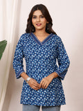 Indigo Blue Geometric Block Print Pure Cotton Top