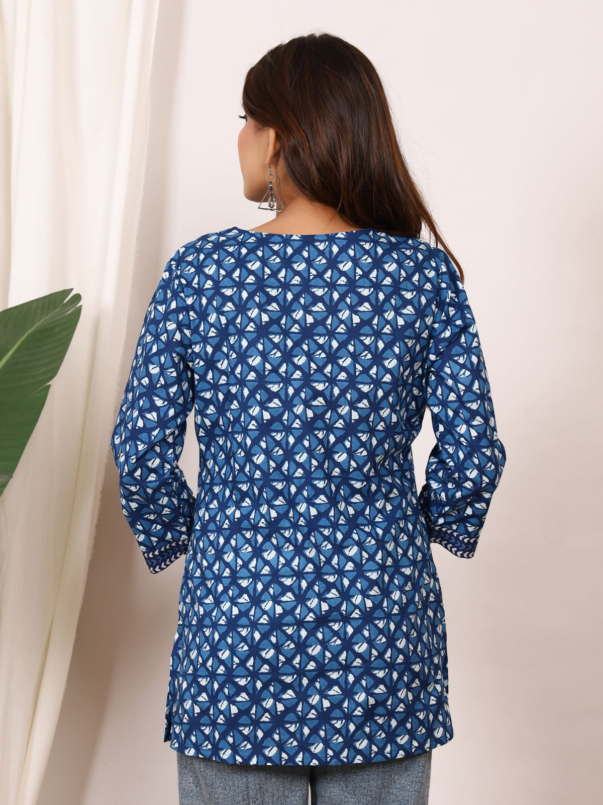 Indigo Blue Geometric Block Print Pure Cotton Top