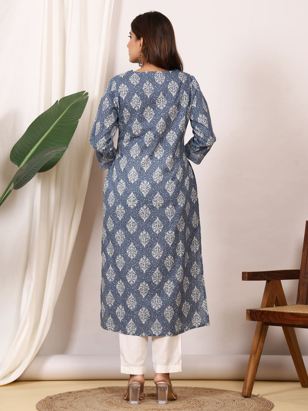 Sanganeri Slate Grey Motif Pure Cotton Kurti