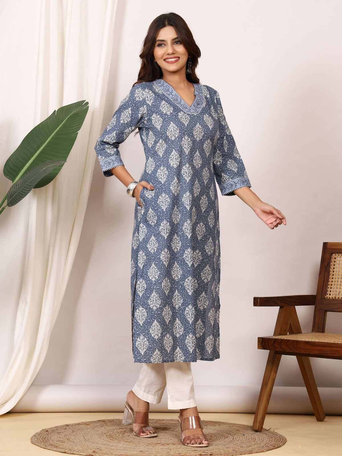 Sanganeri Slate Grey Motif Pure Cotton Kurti