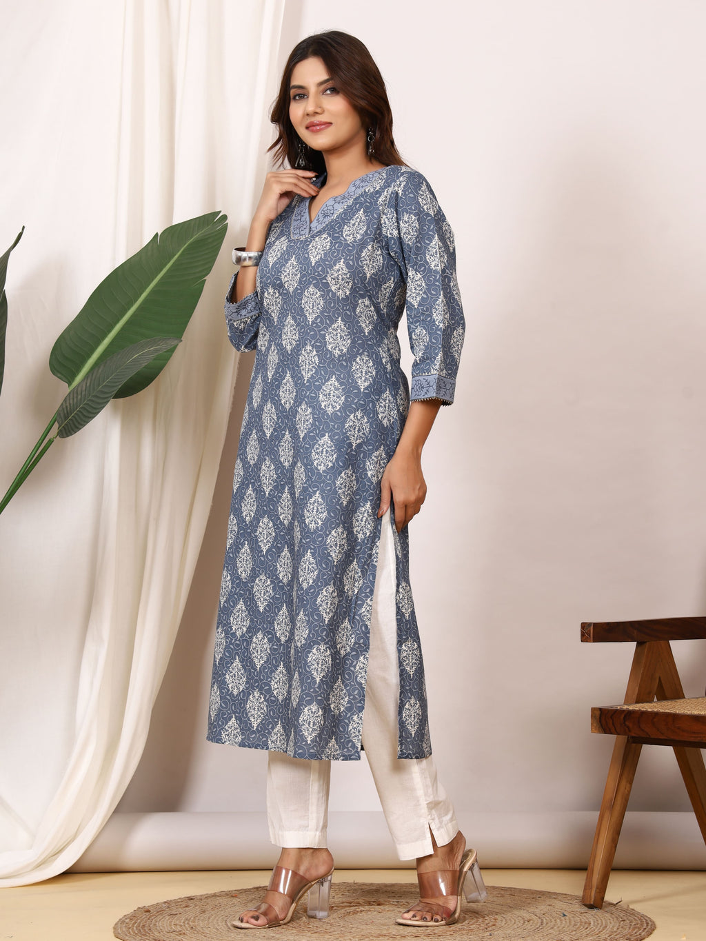 Sanganeri Slate Grey Motif Pure Cotton Kurti