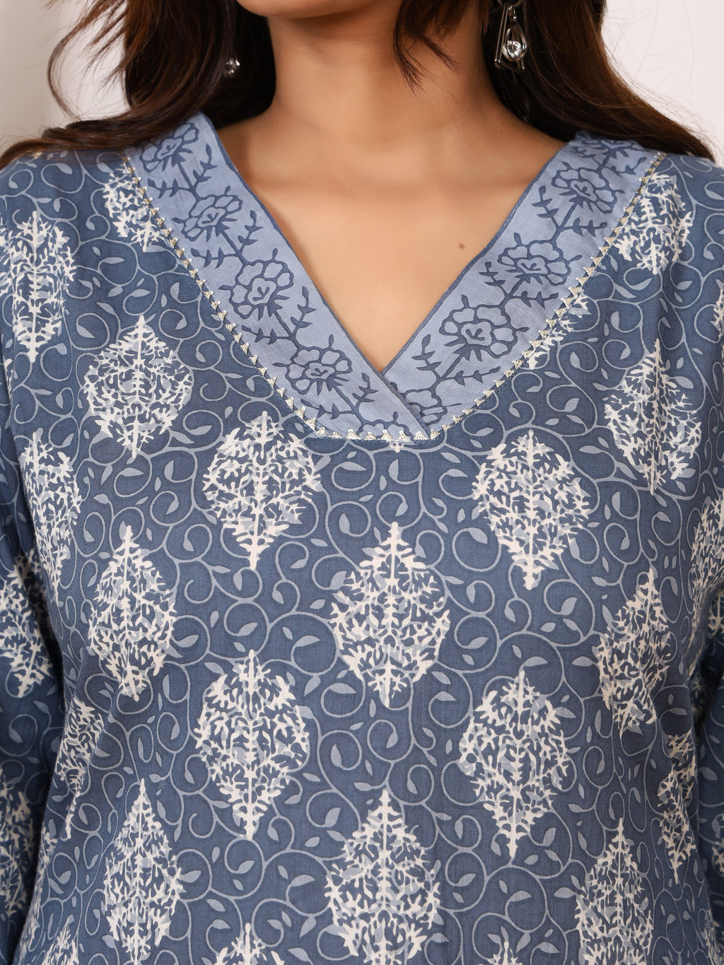 Sanganeri Slate Grey Motif Pure Cotton Kurti