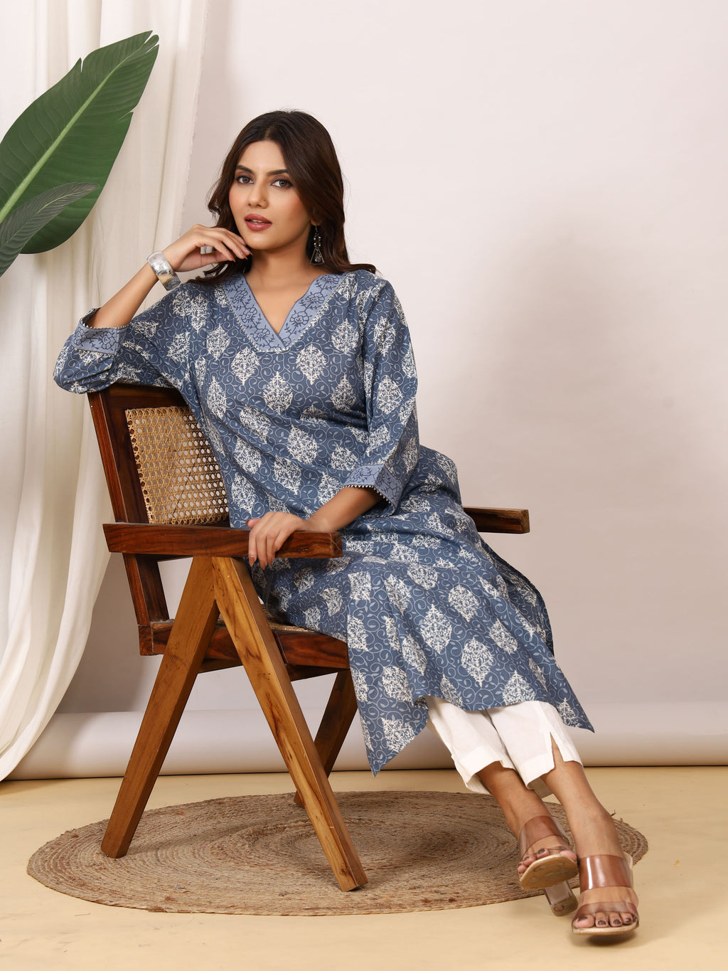 Sanganeri Slate Grey Motif Pure Cotton Kurti