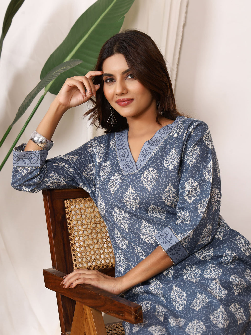 Sanganeri Slate Grey Motif Pure Cotton Kurti