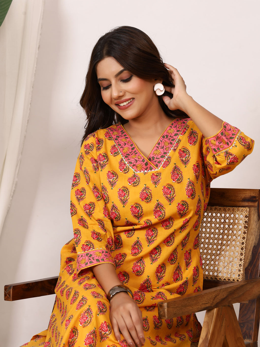 Sanganeri Mustard Yellow Paisley Pure Cotton Kurti