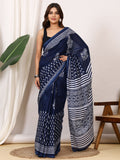 Pure Cotton Indigo Blue Saree with White Leaf Block Print and Striped Pallu