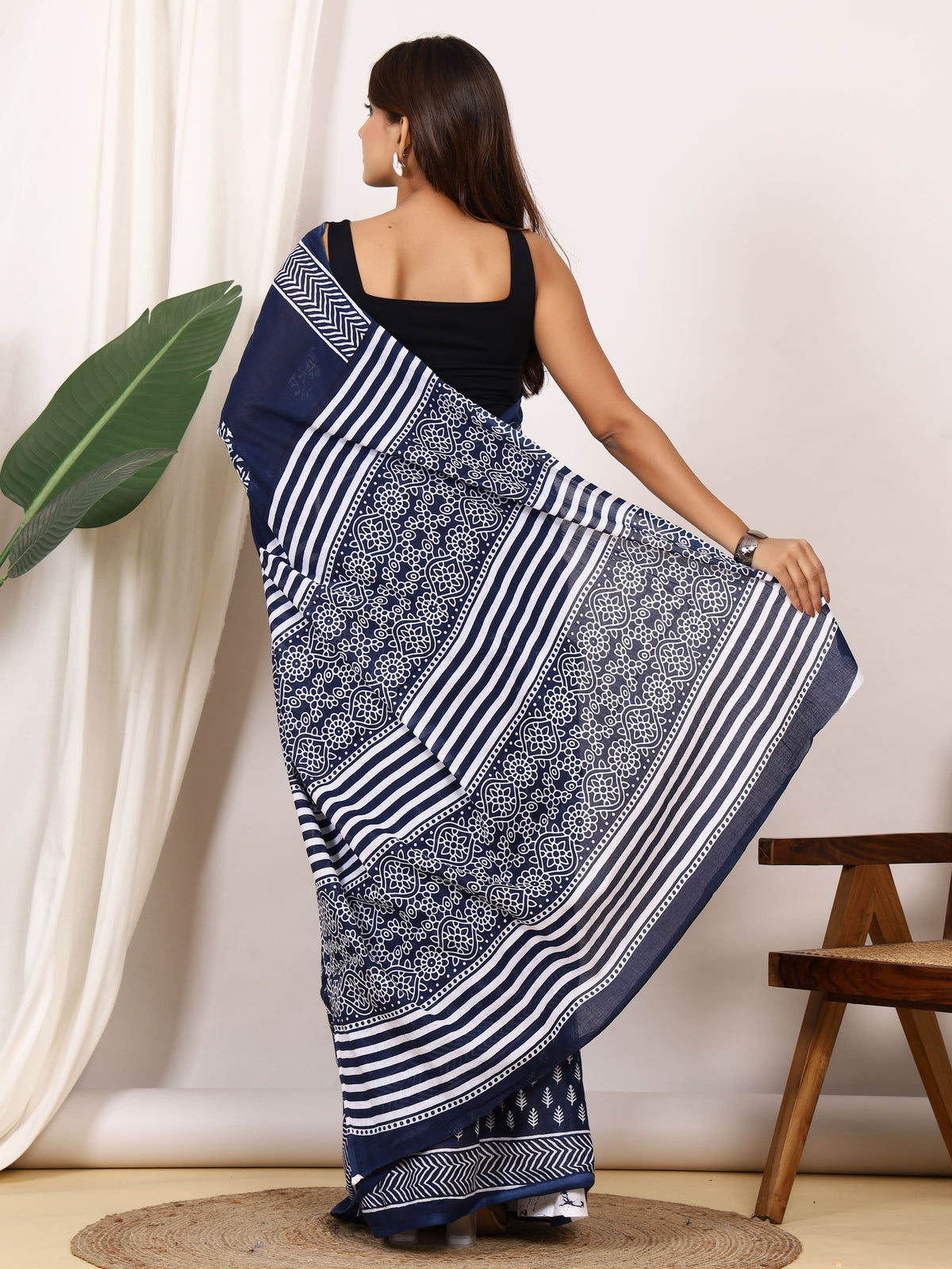 Pure Cotton Indigo Blue Saree with White Leaf Block Print and Striped Pallu