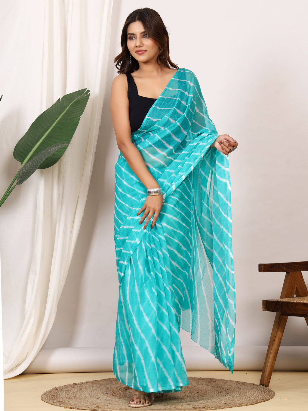 Teal Blue Nazmin Chiffon Saree with Hand Tied Leheriya