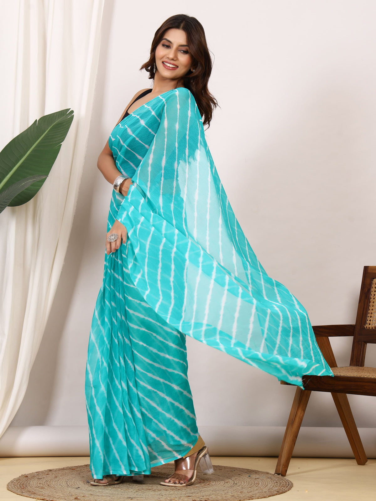 Teal Blue Nazmin Chiffon Saree with Hand Tied Leheriya
