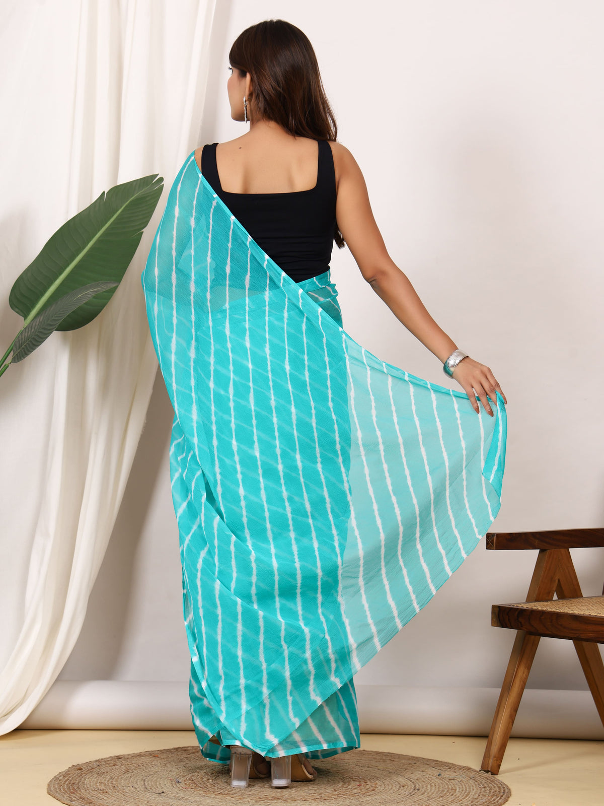 Teal Blue Nazmin Chiffon Saree with Hand Tied Leheriya