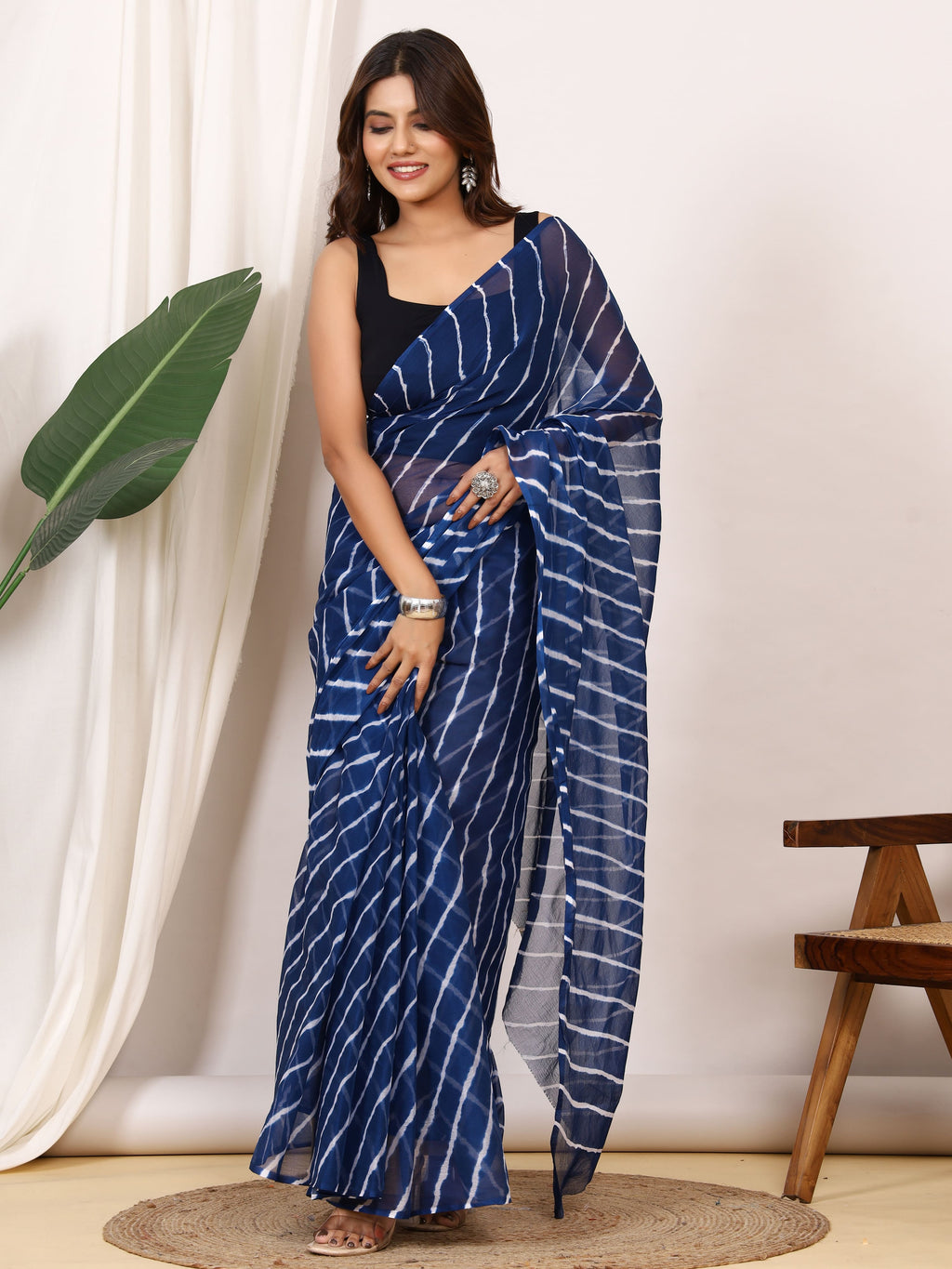 Indigo Blue Nazmin Chiffon Saree with Hand Tied Leheriya