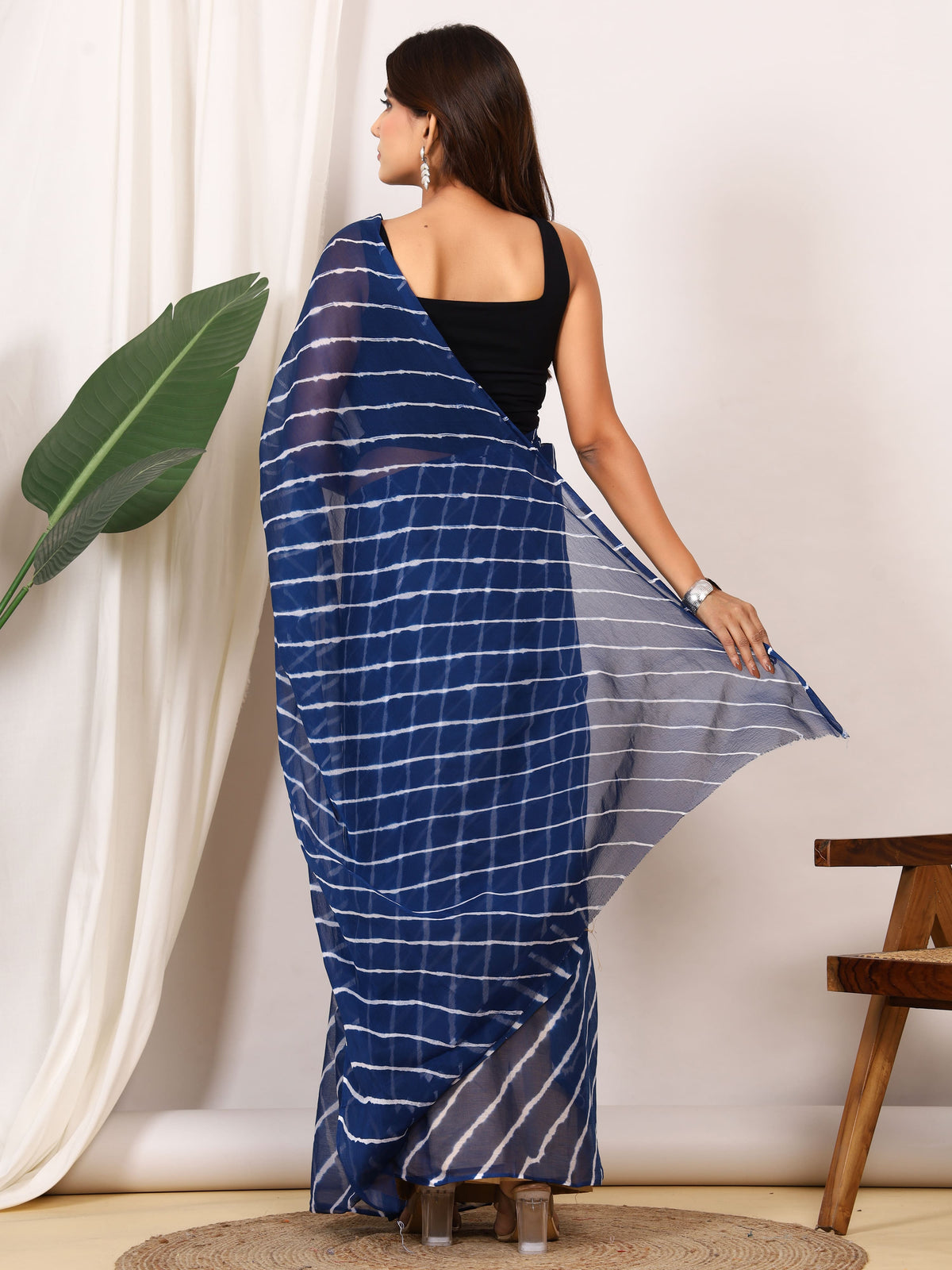 Indigo Blue Nazmin Chiffon Saree with Hand Tied Leheriya