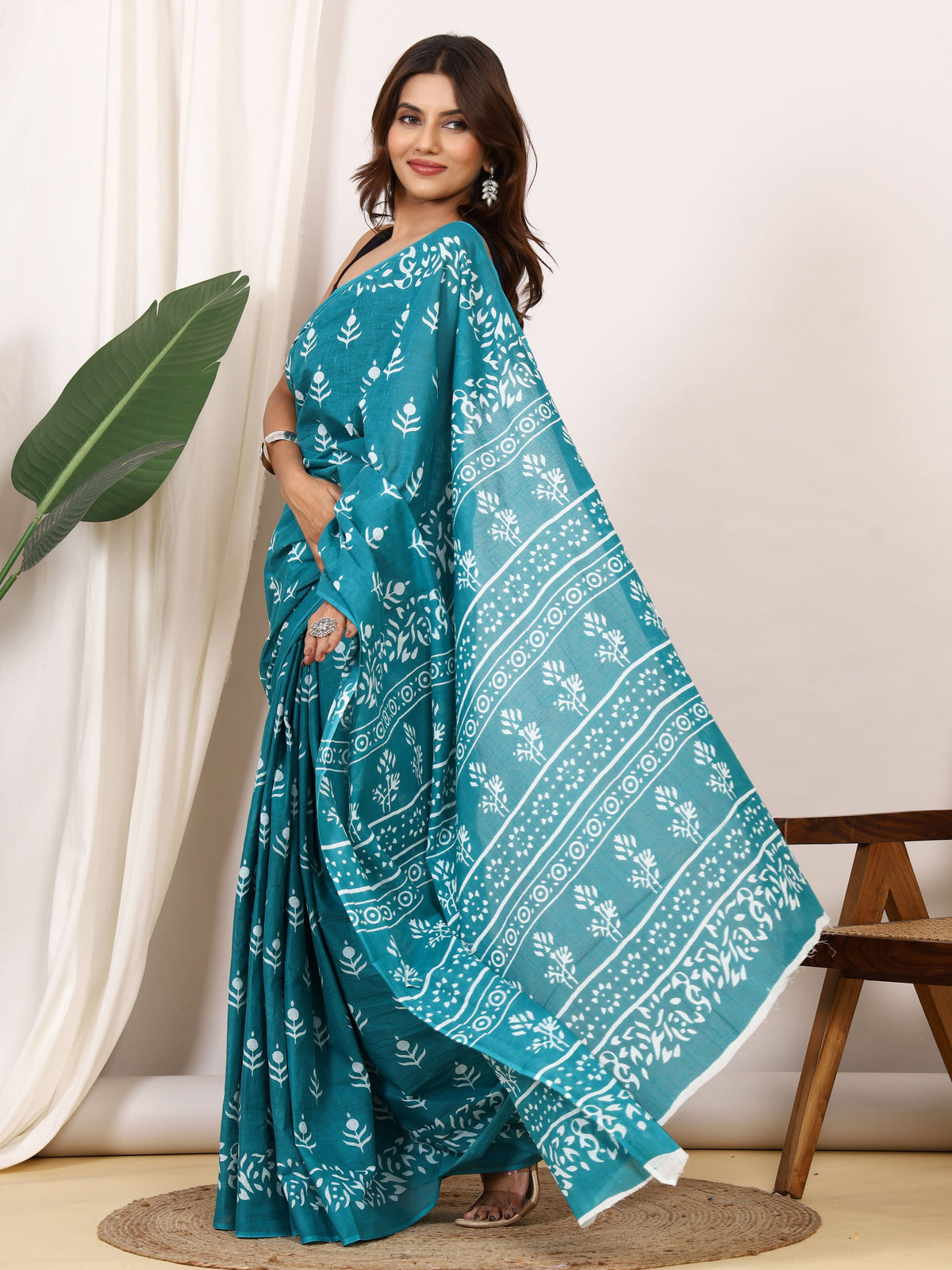 Pure Cotton Teal Blue Saree with White Leaf Block Print and Ornamental Pallu