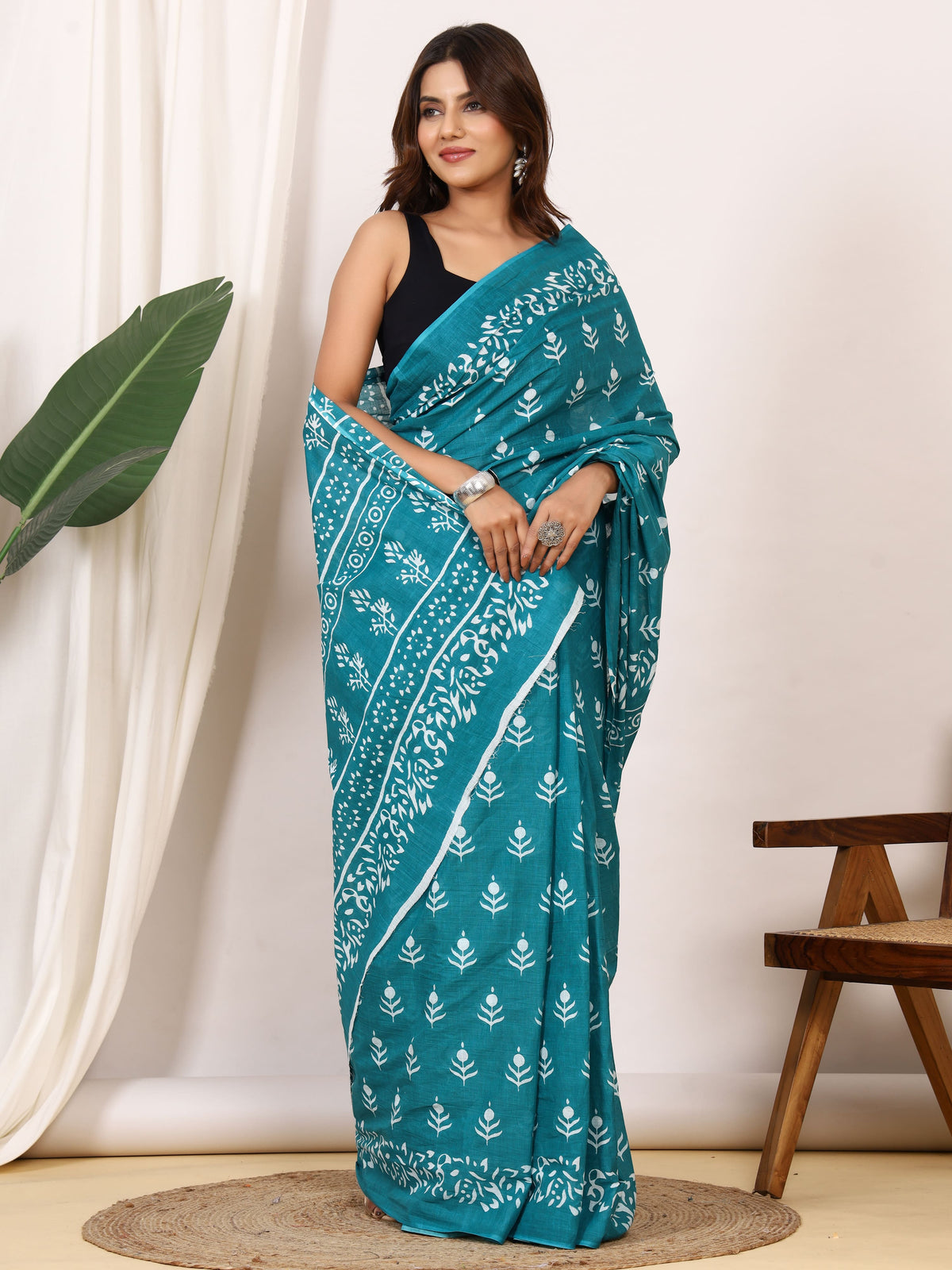 Pure Cotton Teal Blue Saree with White Leaf Block Print and Ornamental Pallu