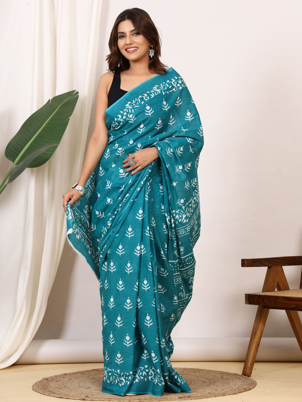 Pure Cotton Teal Blue Saree with White Leaf Block Print and Ornamental Pallu