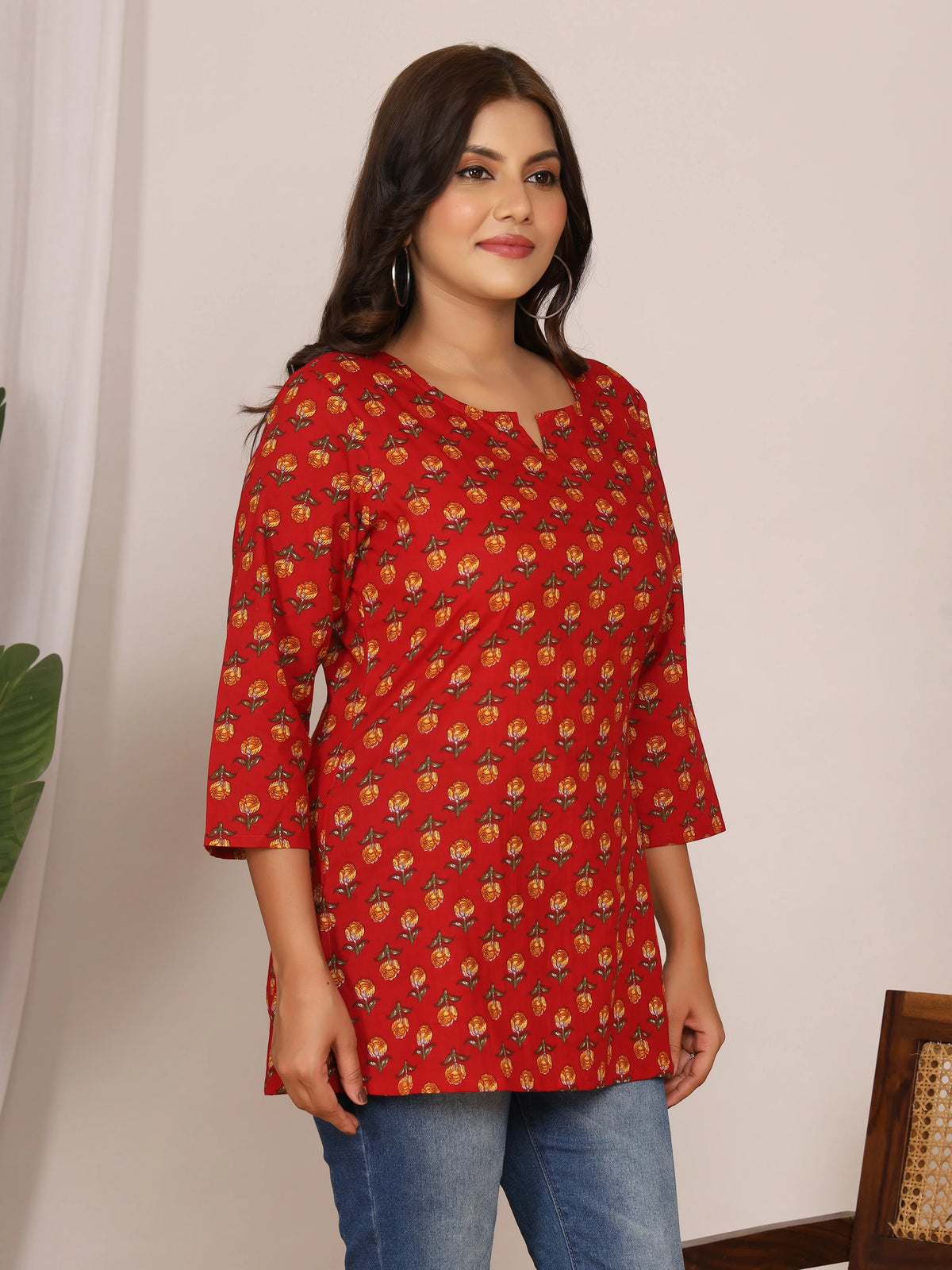 Sanganeri Floral Buti Print Red Cotton Top