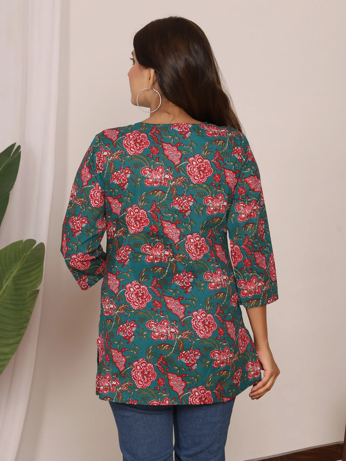 Sanganeri Red Floral Print Teal Green Cotton Top
